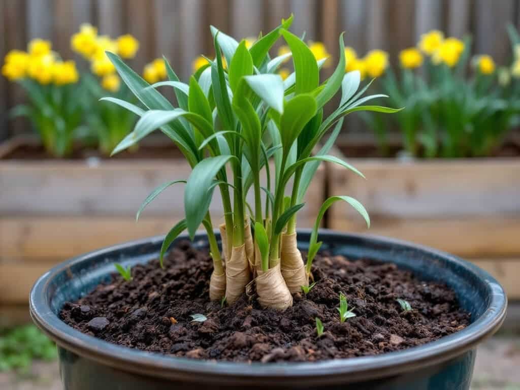Newly planted Pseudosasa japonica bamboo in a large pot on a patio in early spring.