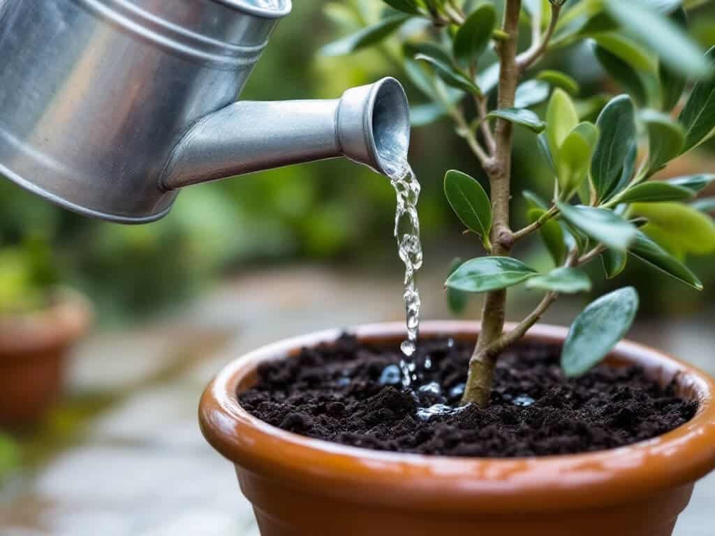 Watering can pouring water onto the soil at the base of a potted Pseudosasa japonica bamboo.
