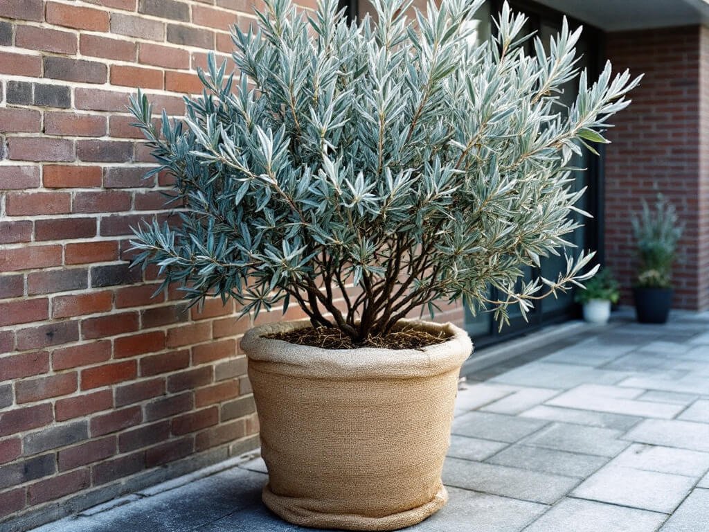 Frosted Pseudosasa japonica bamboo in a burlap-wrapped pot sheltered against a brick wall.