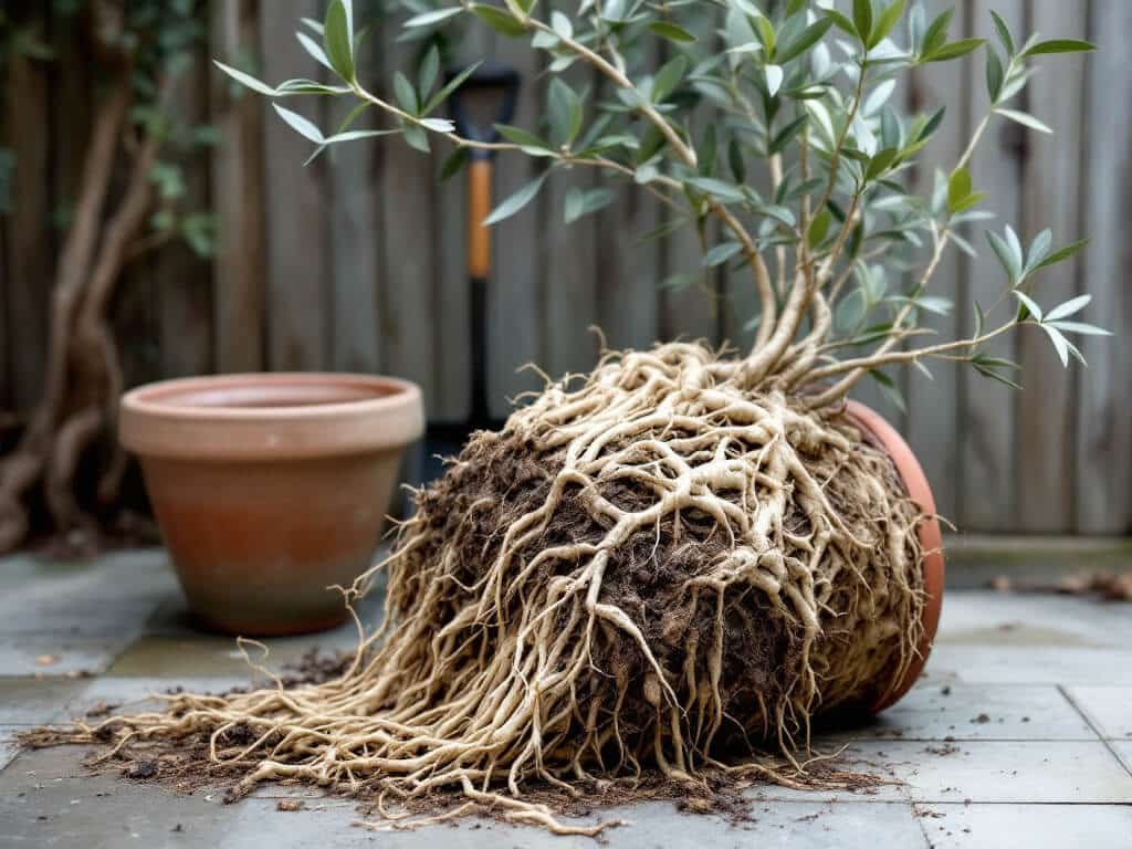 Root-bound Pseudosasa japonica bamboo clump removed from its pot beside a larger empty container.