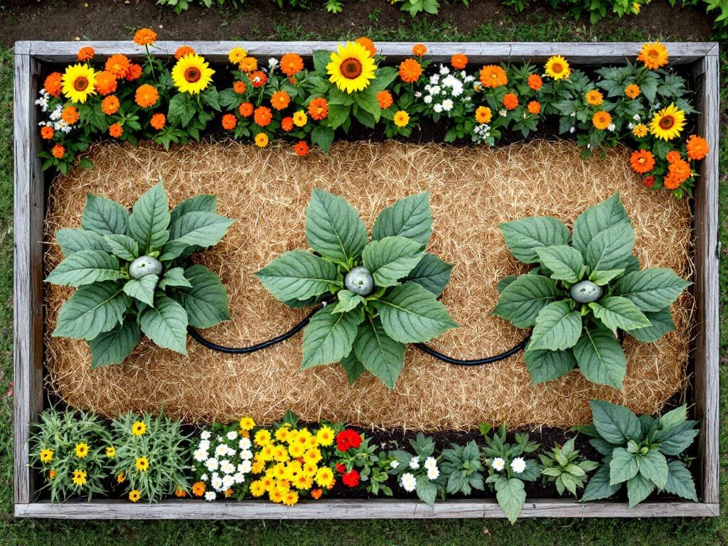Overhead view of three spaced watermelon plants with flower borders, sunflowers, and a bush bean row in a garden bed.