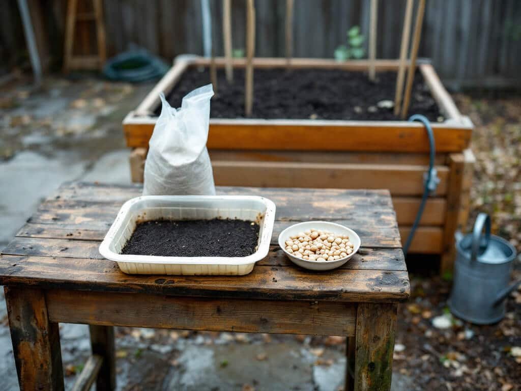Cherry tomato seeds in a saucer on a potting bench beside a seed tray, with an empty raised bed behind.
