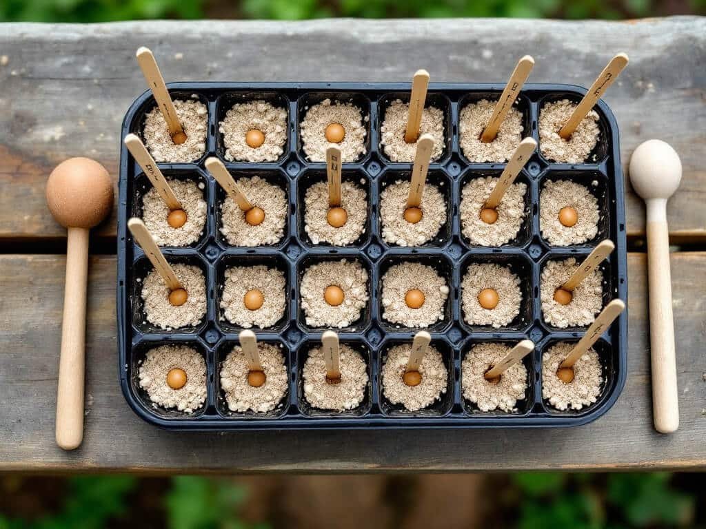 Cherry tomato seeds sown a quarter inch deep in a cell tray of pale germination mix on an outdoor bench.