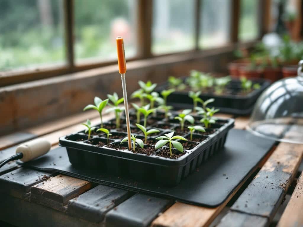 Cherry tomato seedlings emerging on a heating mat in a backyard greenhouse with a probe thermometer in the tray.
