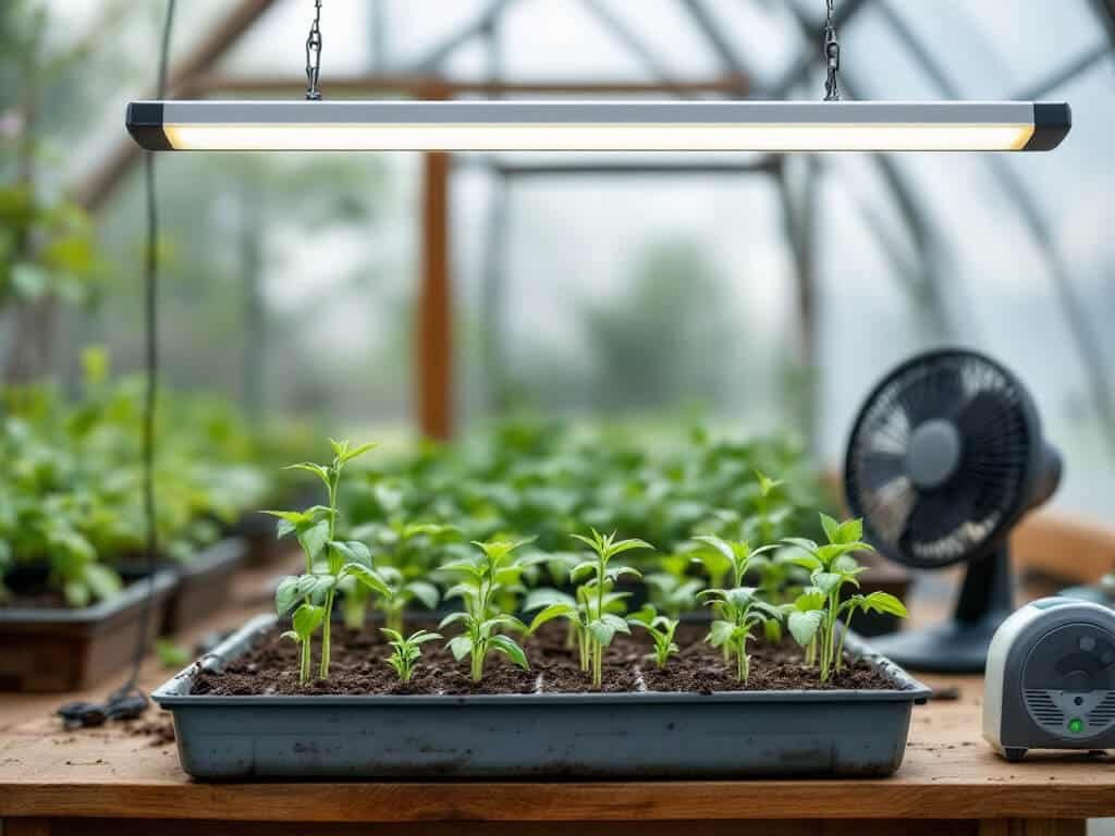 Sturdy cherry tomato seedlings in a tray under a hanging LED grow light in a backyard greenhouse.