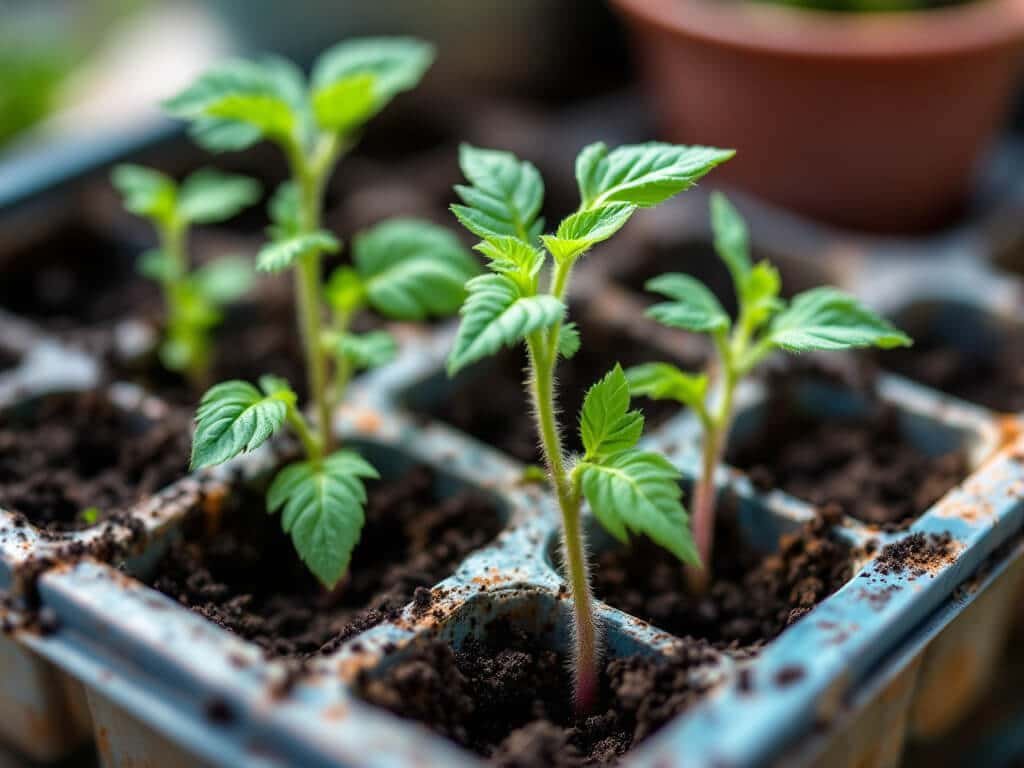 Cherry tomato seedlings with true leaves spaced in a cell tray, with one potted up in a small pot beside it.
