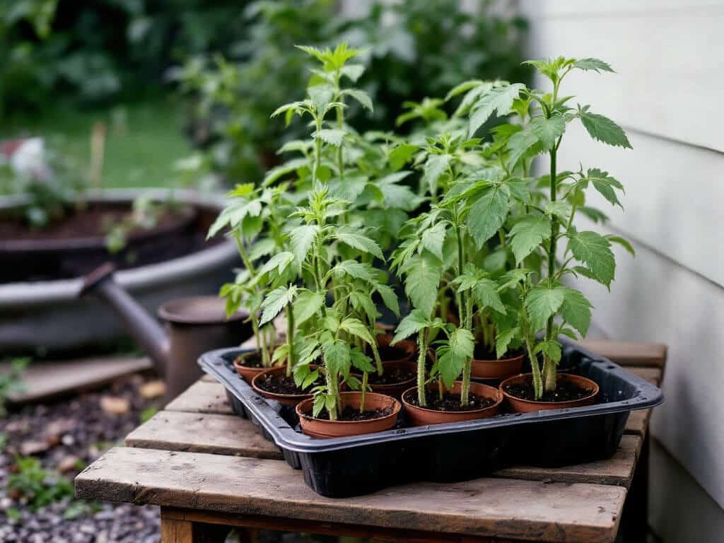 Cherry tomato seedlings in pots and a tray hardening off on a sheltered patio beside a raised bed.