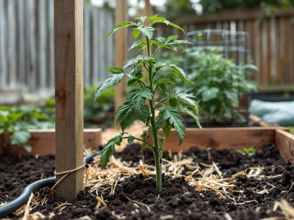 A newly transplanted cherry tomato plant with a stake, mulch, and drip line in a raised garden bed.