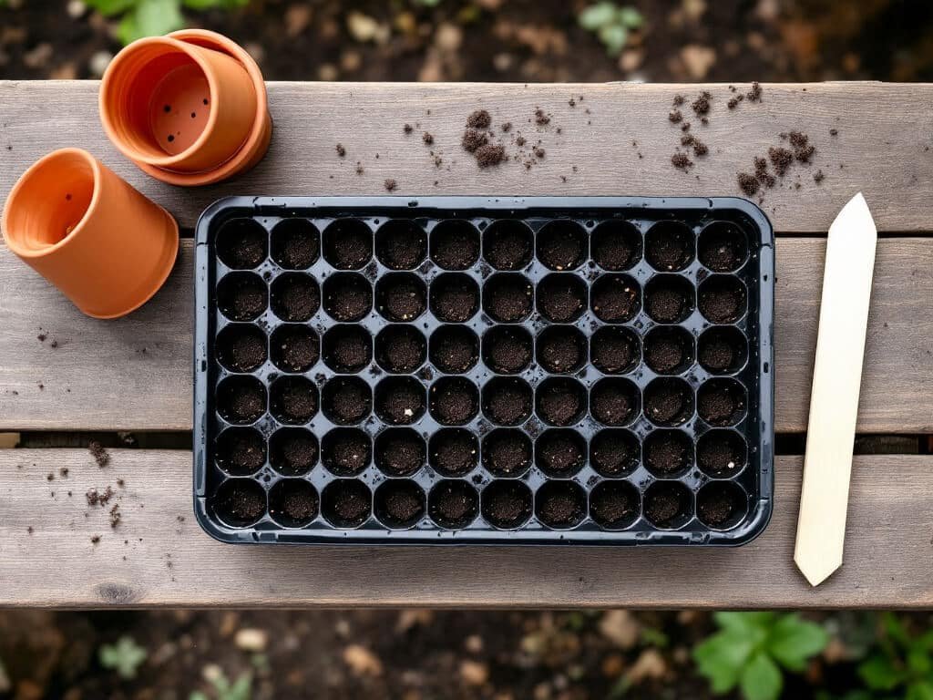 Cell tray filled with moist seed-starting mix beside empty terracotta pots, ready for sowing basil seeds.