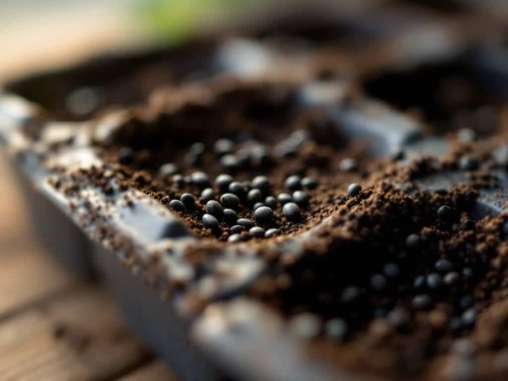 Close-up of tiny black basil seeds resting on the surface of damp seed-starting mix in a seed tray cell.