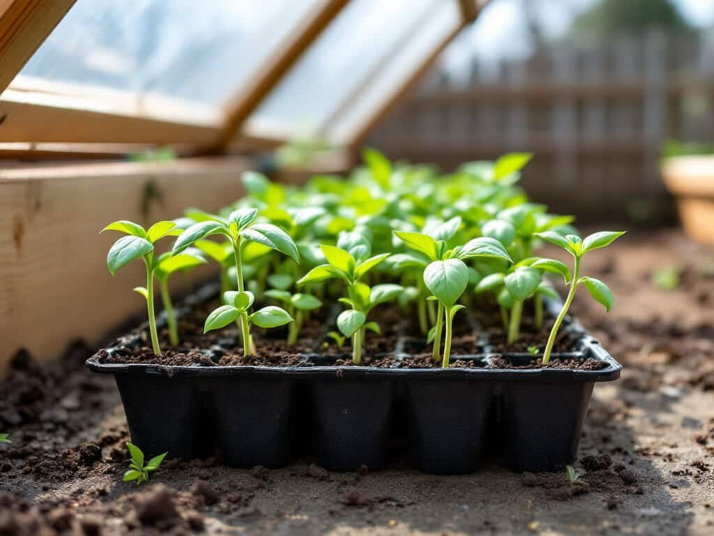 Tray of compact basil seedlings with first true leaves growing in an open wooden cold frame in a backyard garden.
