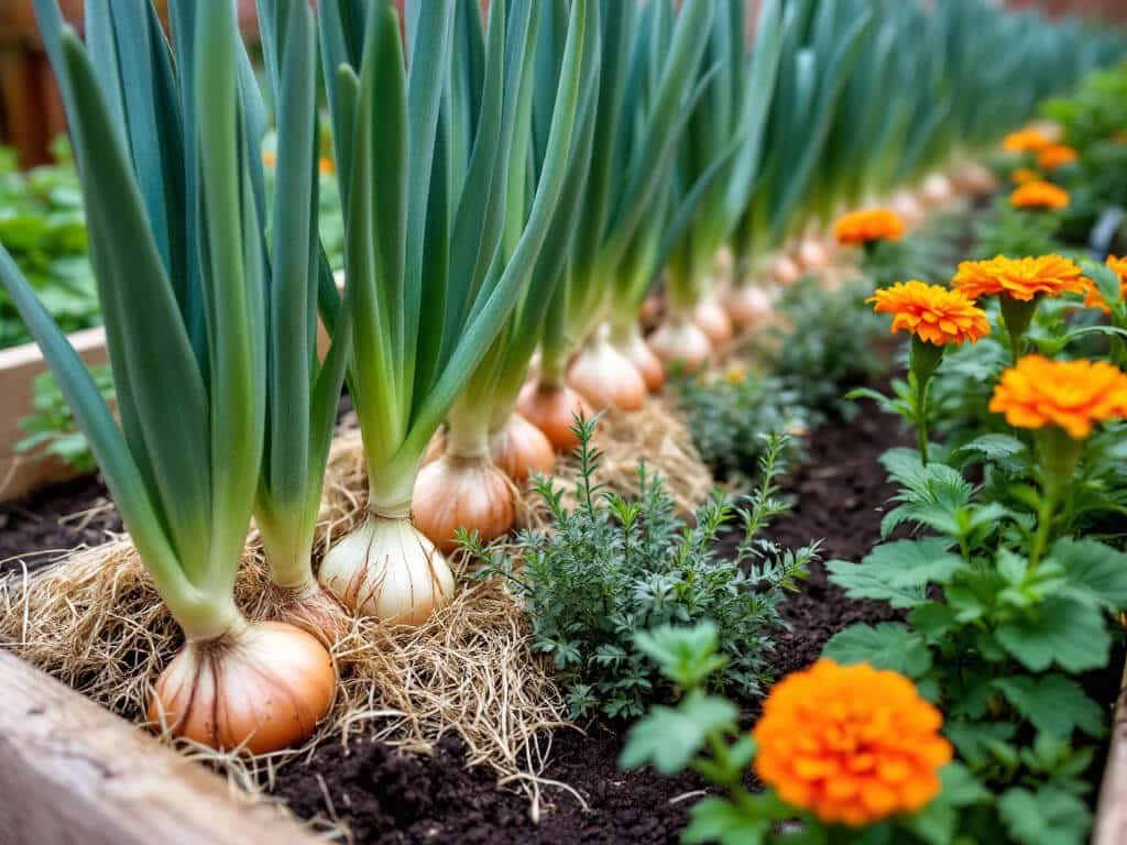 Onions growing in a raised bed beside carrots, thyme, a nasturtium and a marigold in a home garden.