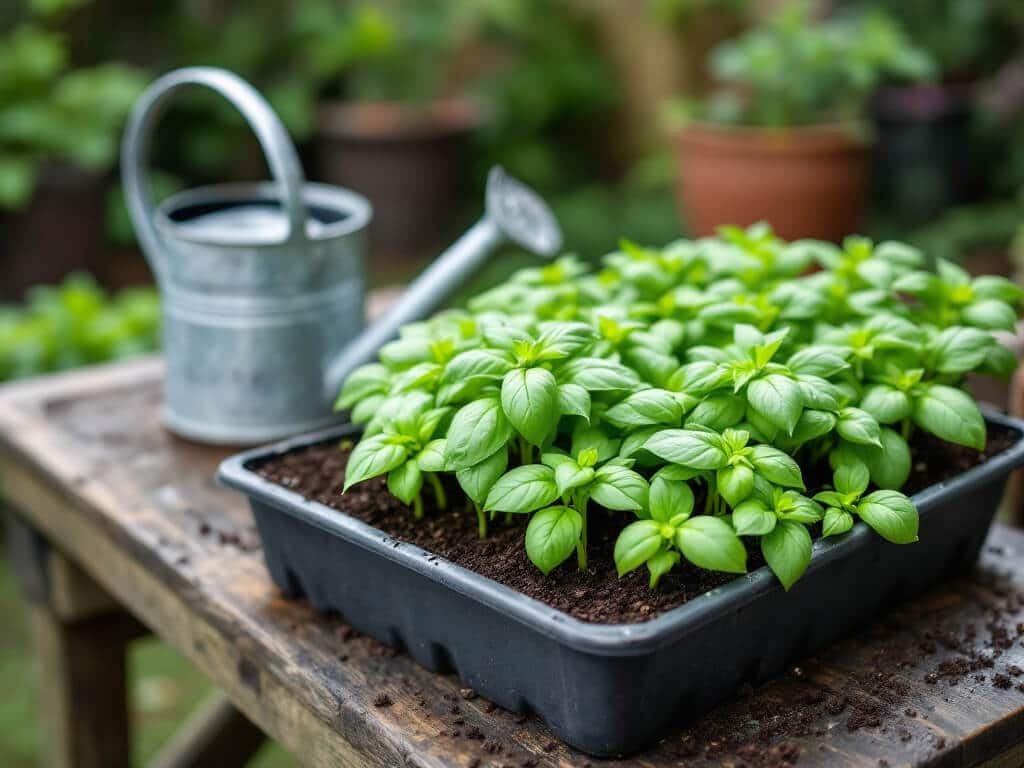 Damp tray of basil seedlings with water droplets on the leaves beside a galvanized watering can on a potting bench.