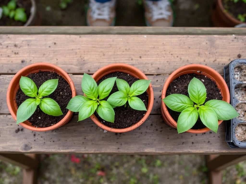 Basil seedlings with several pairs of true leaves growing in individual 3-inch terracotta pots on a potting bench.
