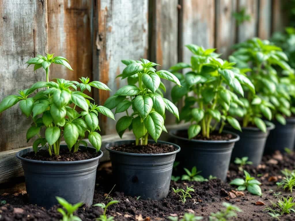 Pots of sturdy basil seedlings set in a row on the ground beside a garden fence to acclimate to outdoor conditions.