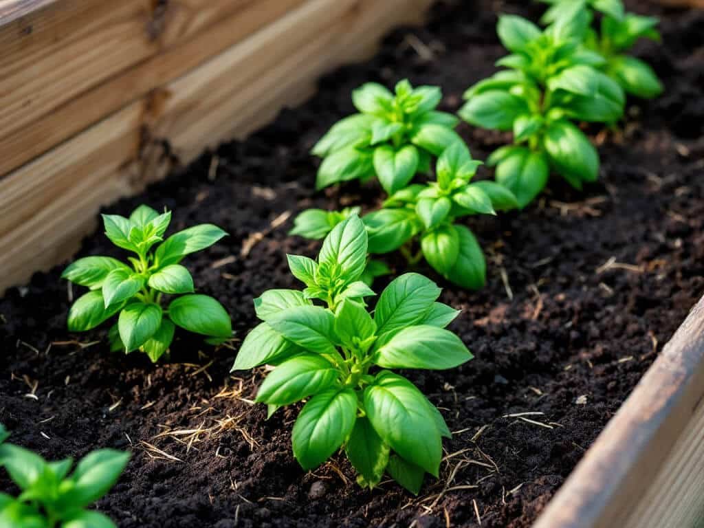 Young basil transplants spaced evenly in a raised bed with dark soil, a drip line, and light straw mulch.