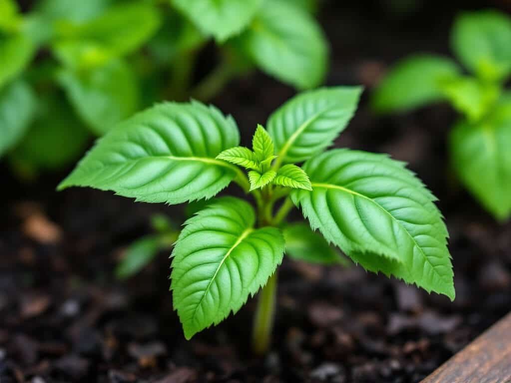 Close-up of a bushy basil plant with a pinched stem showing new side shoots and a flower bud on another stem.