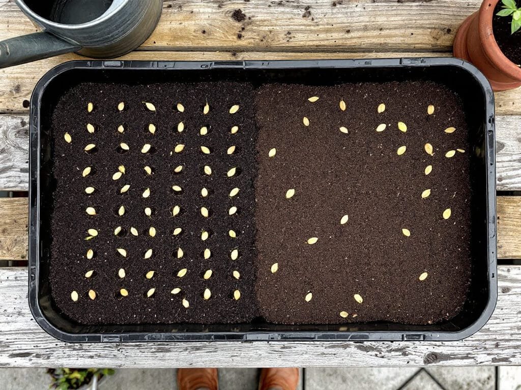 Cayenne pepper seeds pressed into a seed tray of moist soilless mix on an outdoor potting bench.