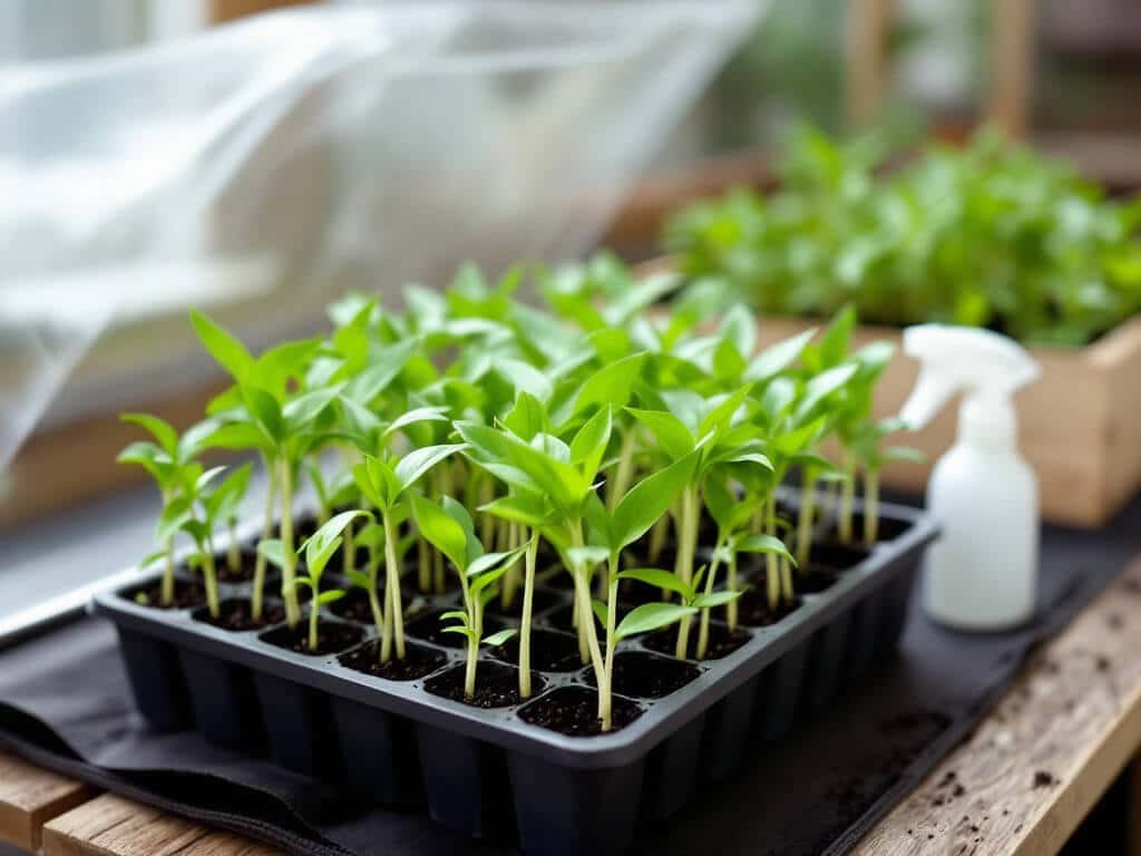 Newly sprouted cayenne pepper seedlings in a cell tray on a heat mat on a patio potting bench.