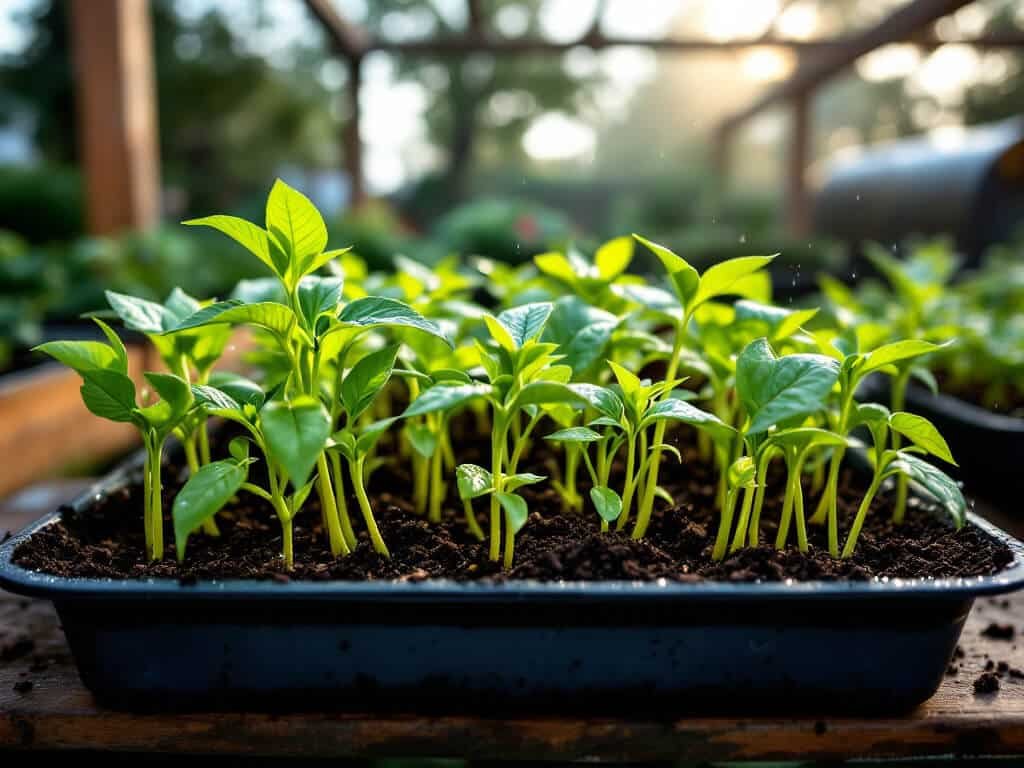 Compact cayenne pepper seedlings with true leaves in a tray on a garden bench, misted with water.