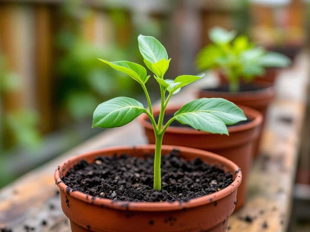 Close-up of a cayenne pepper seedling with true leaves potted in its own small pot.