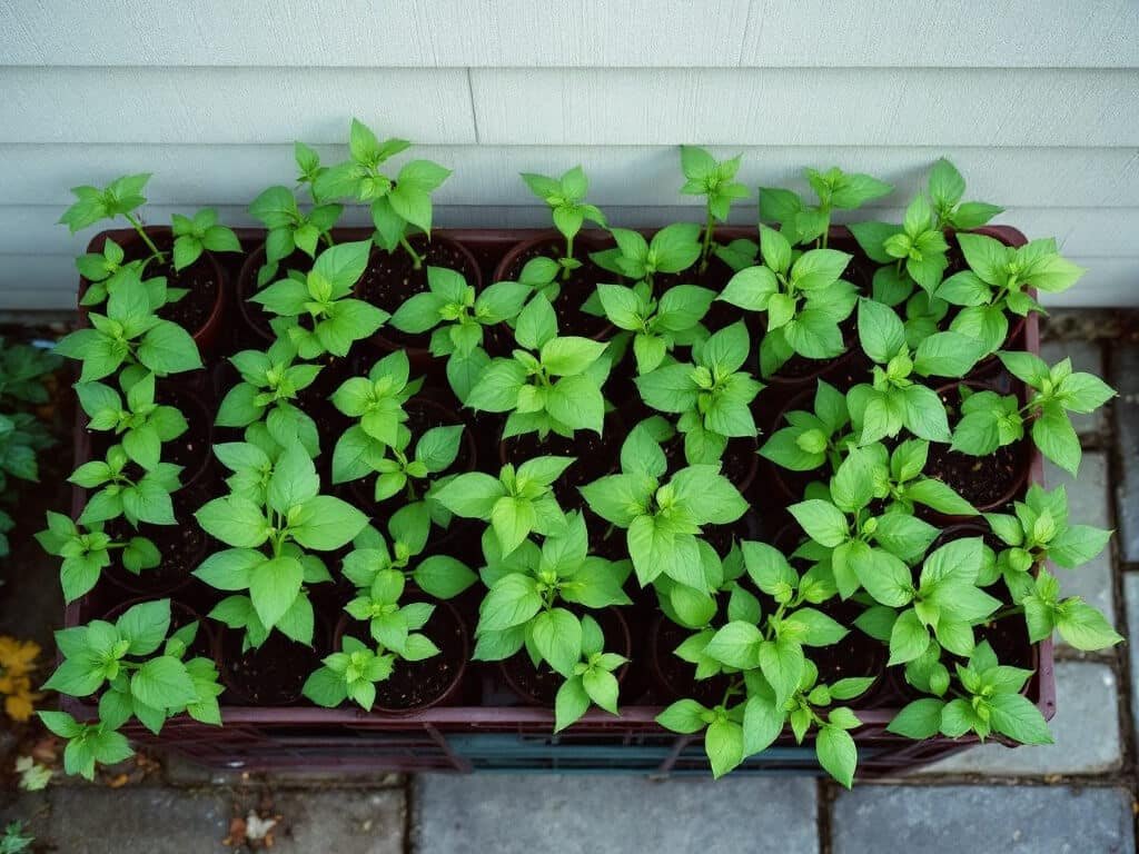 Cayenne pepper seedlings in small pots hardening off in a sheltered shady corner of a patio.