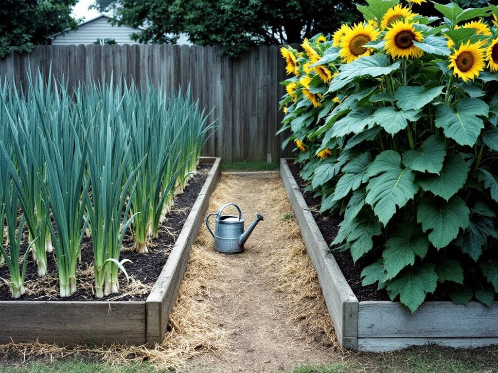 Onions in one raised bed and tall dense sunflowers in a separate bed, kept apart to avoid shading the onions.