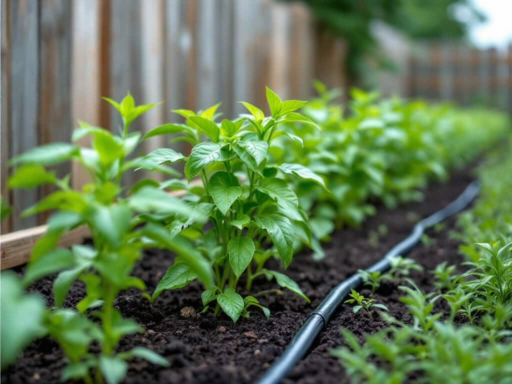 Young cayenne pepper transplants spaced in a row in a raised garden bed with a drip line.