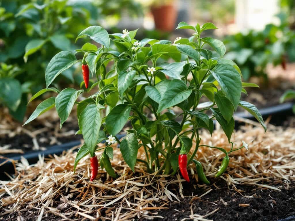 Cayenne pepper plant with white flowers and green pods in a mulched raised bed with a drip line.