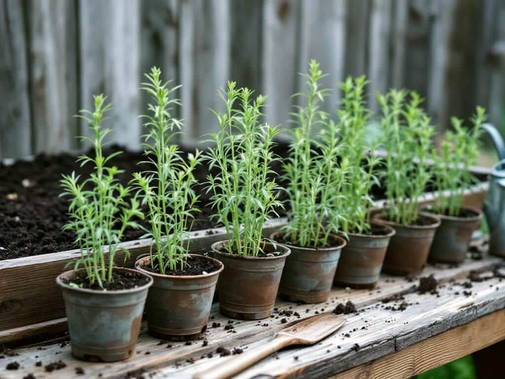 Young cumin seedlings in biodegradable pots on a wooden potting bench beside a raised garden bed.