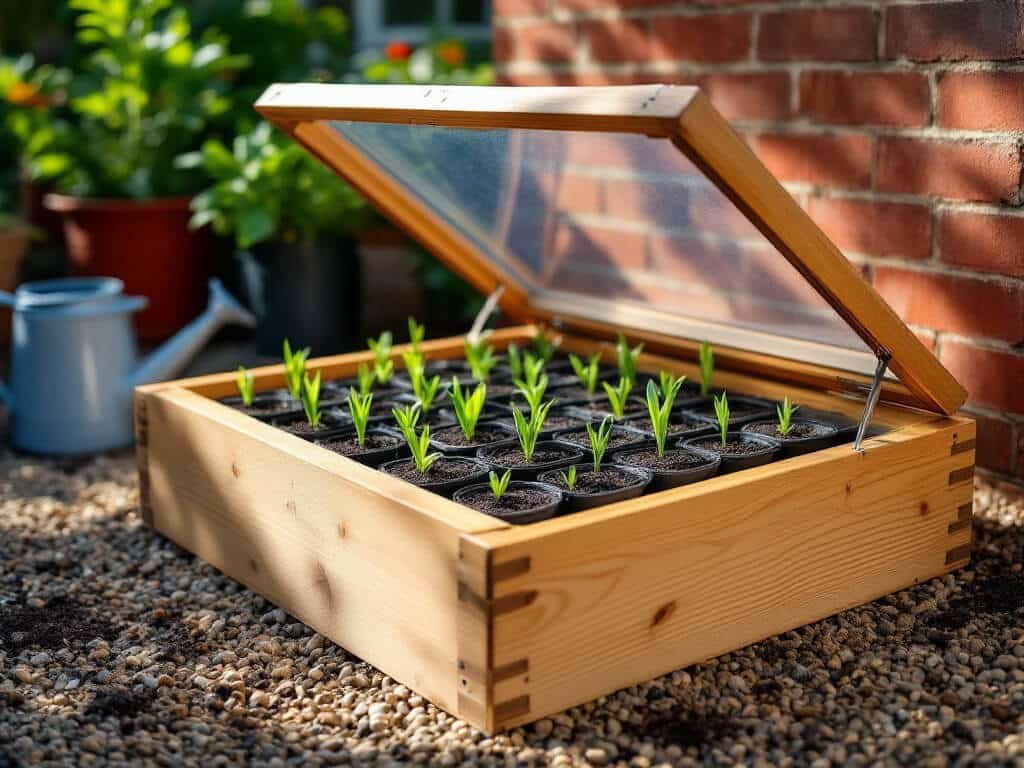 Tiny cumin seedlings emerging in biodegradable pots inside an open cold frame against a warm brick wall.