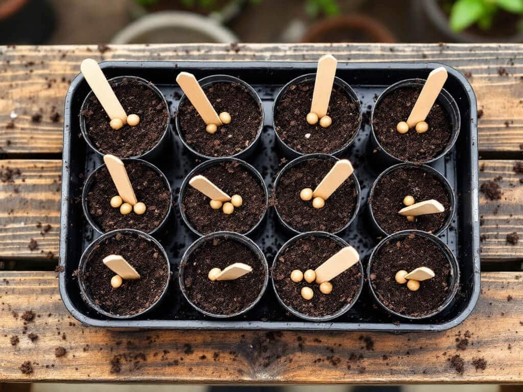 Top-down view of cumin seeds sown in groups of four, lightly covered, in biodegradable pots on a potting bench.