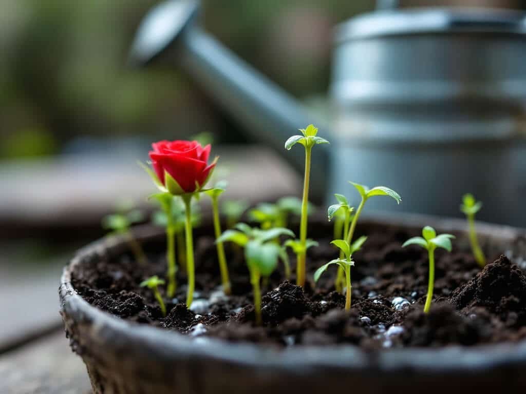 Close-up of tiny cumin seedlings in moist seed-starting mix with water droplets after gentle watering.