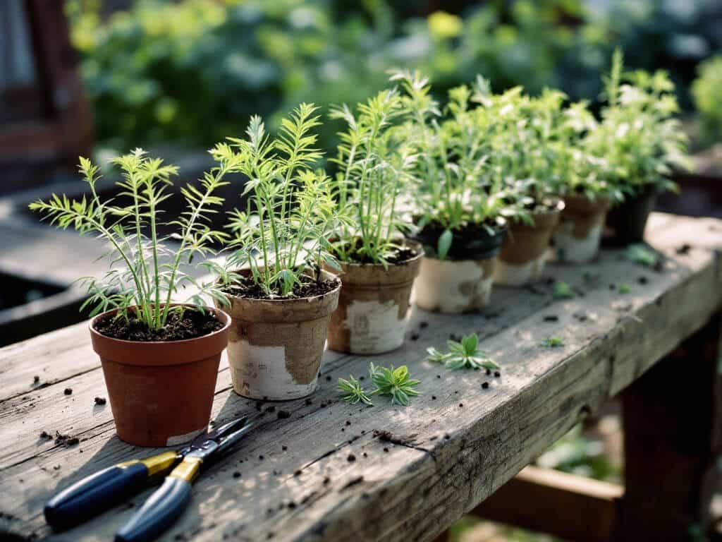 Cumin seedlings thinned to one sturdy plant per biodegradable pot, with small snips and clipped tops on the bench.