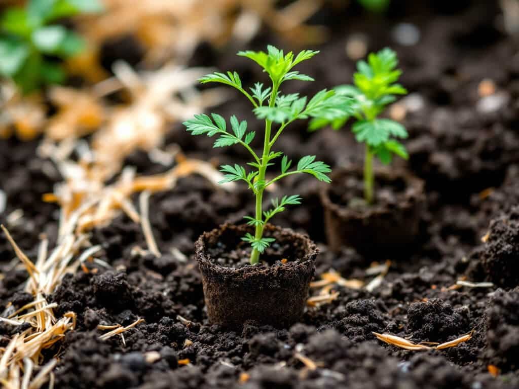 Cumin seedling planted in a raised bed with its biodegradable pot buried whole, another pot waiting beside it.
