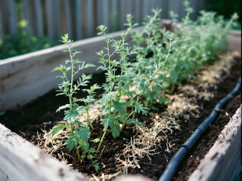 A row of young cumin plants spaced evenly in a mulched raised bed with a drip line in morning light.