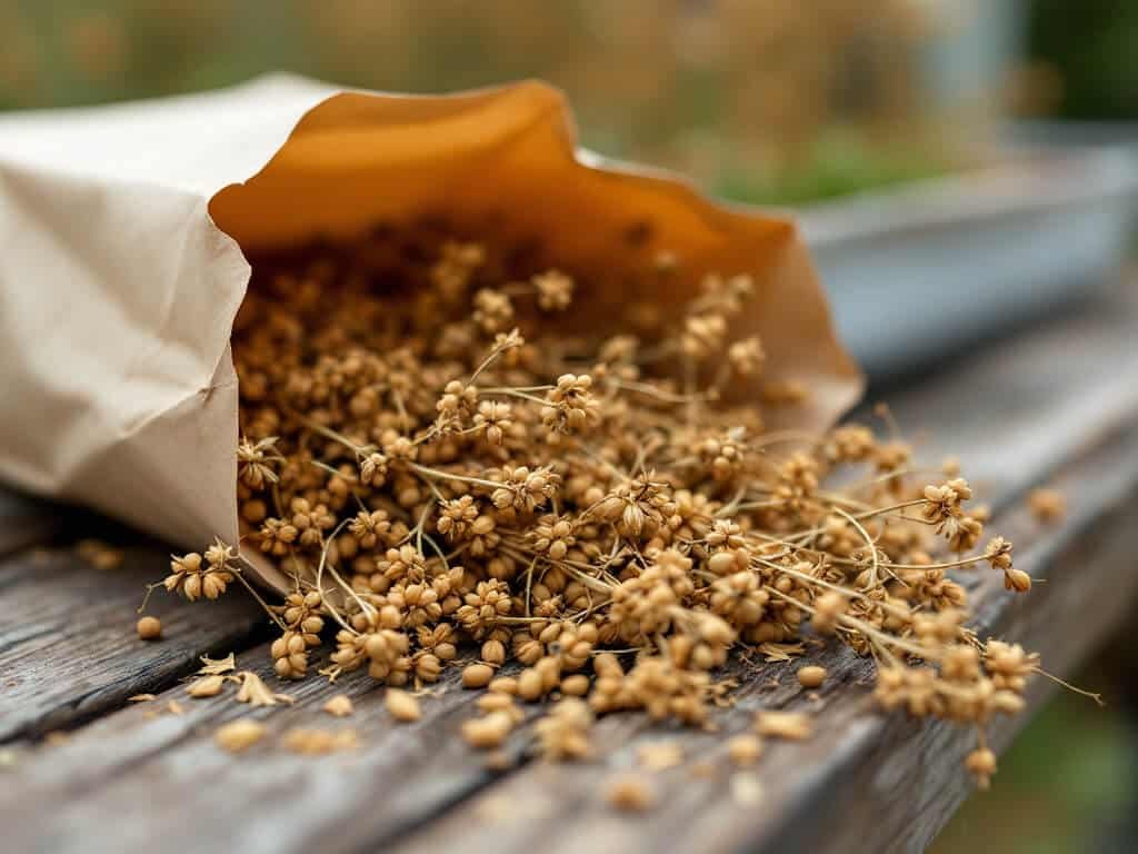 Cut cumin stems with dry brown seed clusters in a paper bag on a wooden garden bench.
