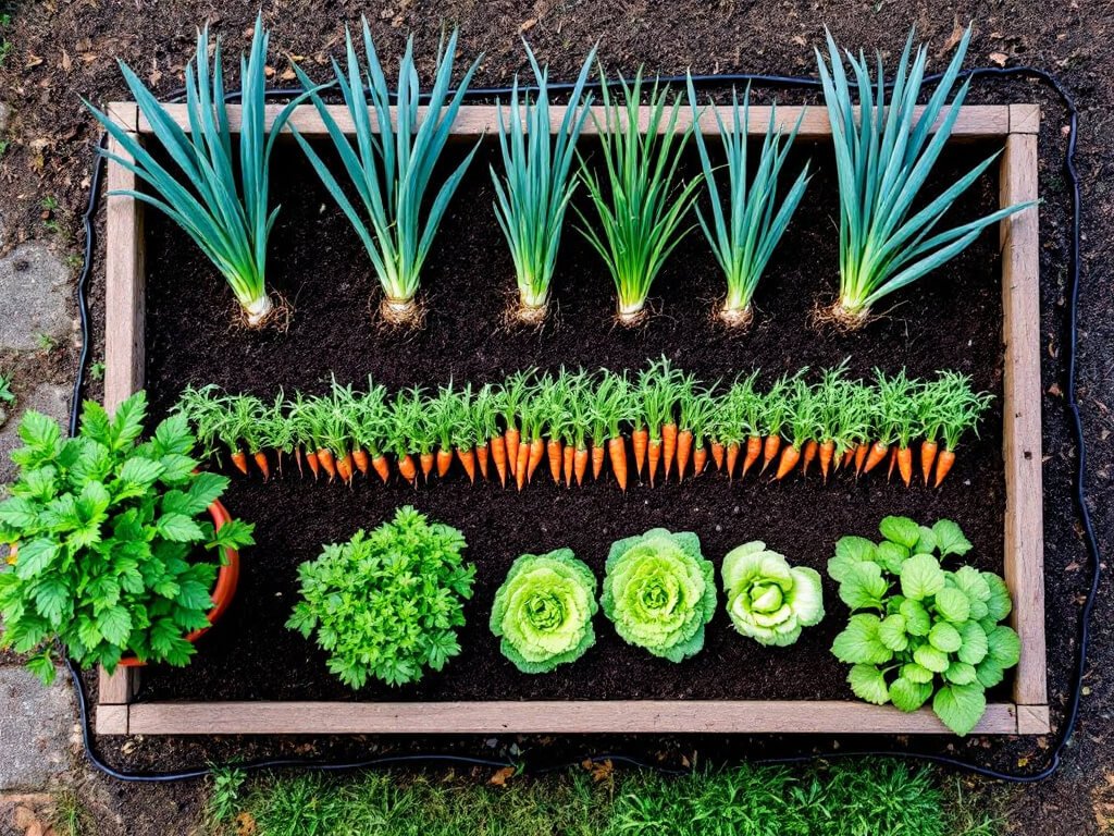 Top-down view of onion rows with a carrot row, radishes and lettuce in a raised bed, with mint in a separate pot.