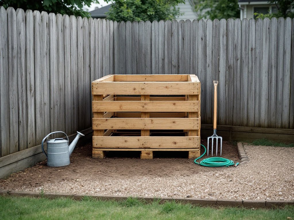 A wooden pallet compost bin in a backyard corner with a hose, watering can, and garden fork close by.