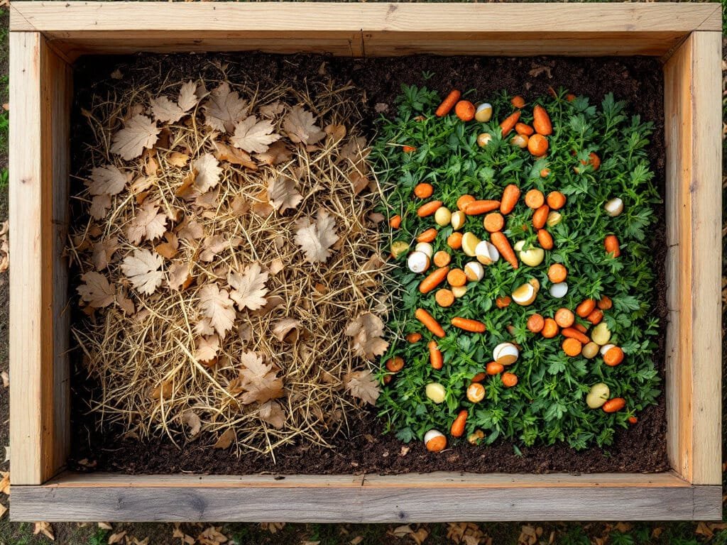 Top-down view of a compost bin with dry leaves and straw beside grass clippings and vegetable peelings.