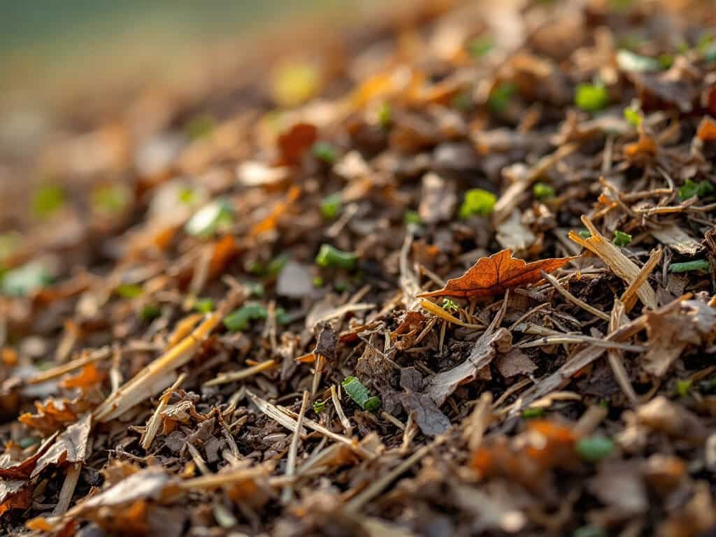 Close-up of mixed compost with mostly dry brown leaves and straw blended with green grass clippings.