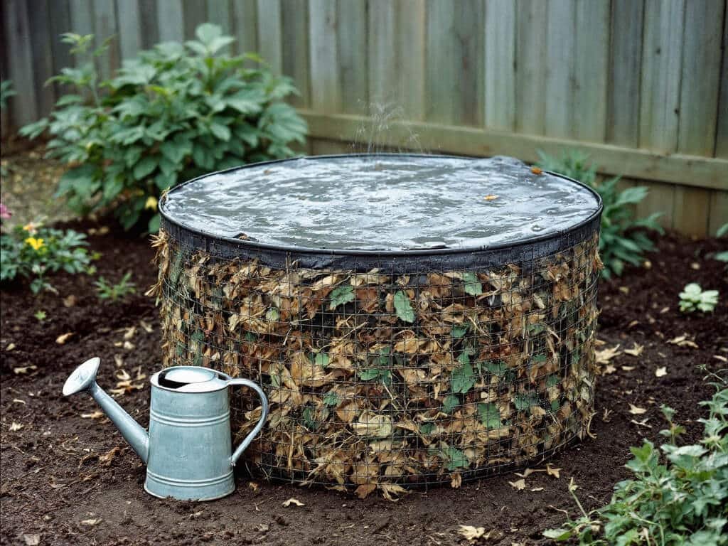 A wire compost bin with evenly damp material and a watering can beside it on dry soil.