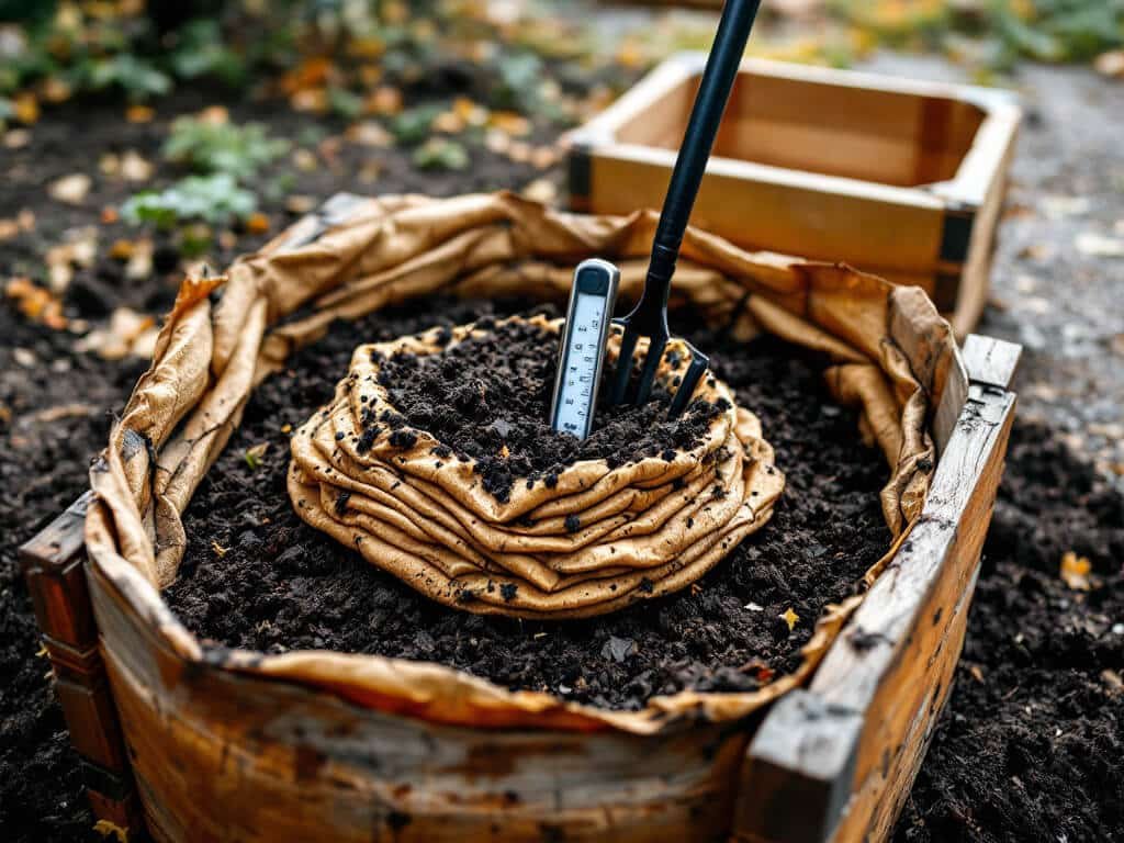 A garden fork and compost thermometer probe in a half-turned compost heap beside an empty second bin.