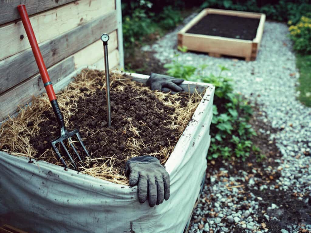 A manure compost bin with its own pitchfork, set apart from a raised vegetable bed across a gravel path.