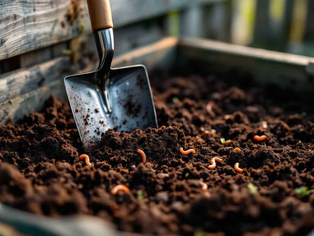 Close-up of dark, crumbly finished compost with two earthworms and a trowel standing in it.