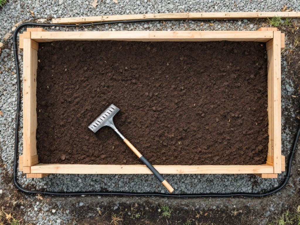 Top-down view of an unplanted raised bed covered with an even layer of dark finished compost and a rake across it.