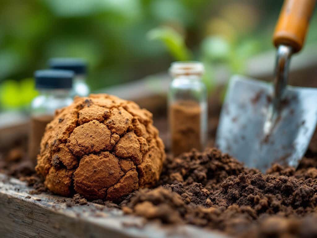 A molded ball of damp clay garden soil beside a crumbled clump on a raised bed edge, with soil-test vials nearby.