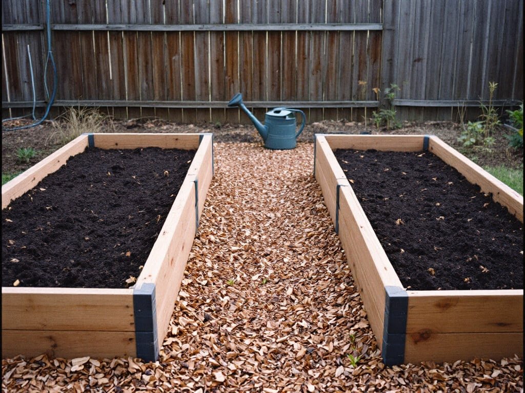 Two raised beds of loosened garden soil separated by a wood-chip walkway in a home kitchen garden.