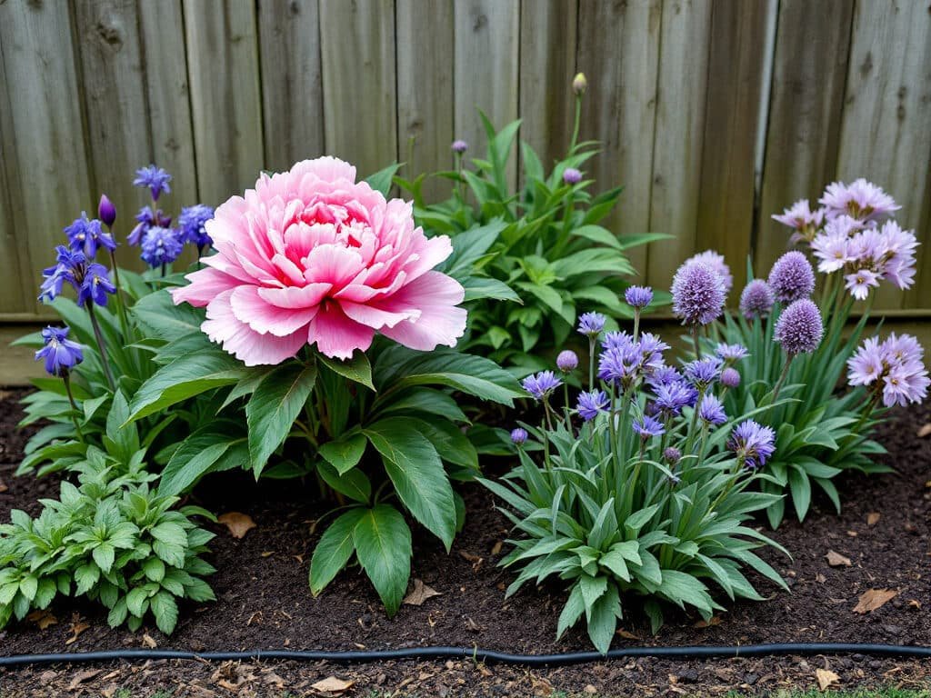Pink double peony growing in a home border with Siberian iris, catmint, and allium spaced around it.