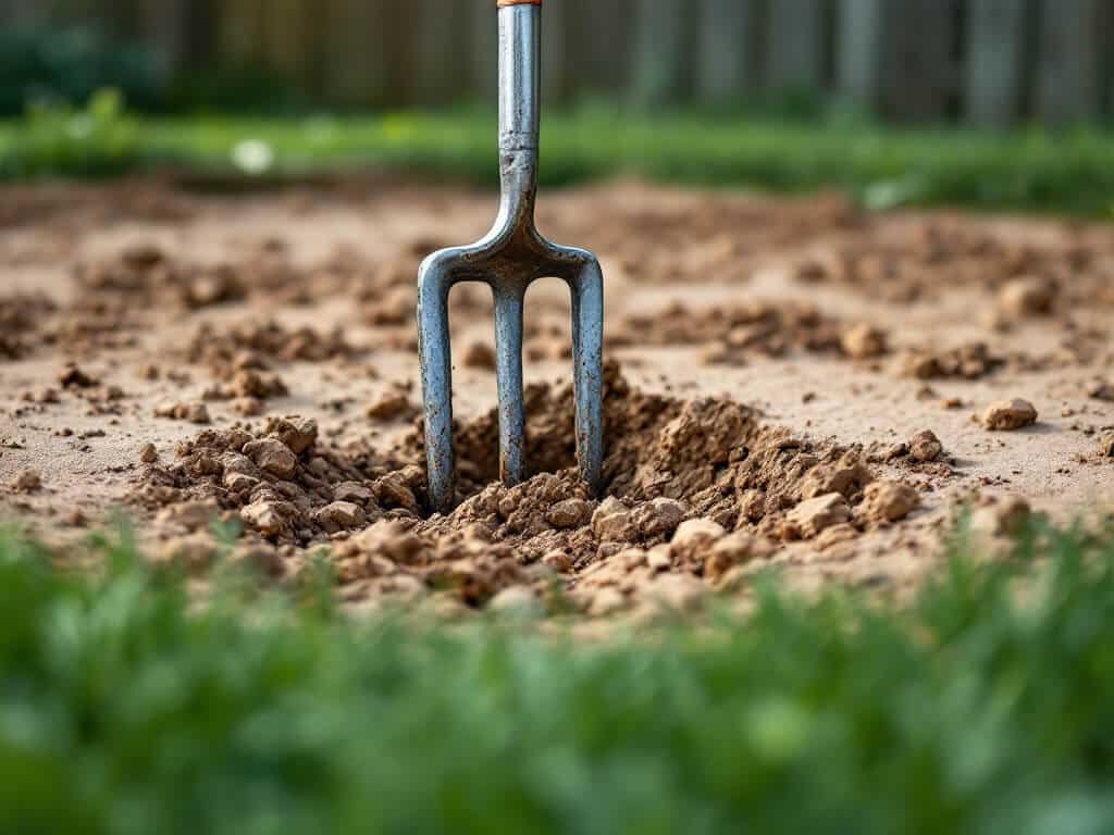 A garden fork in a vegetable bed with compacted garden soil lifted and cracked into crumbly chunks beside it.